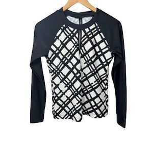 LA BLANCA Women's Geometric Print Long Sleeve Rash Guard Swim Top Black Size XS